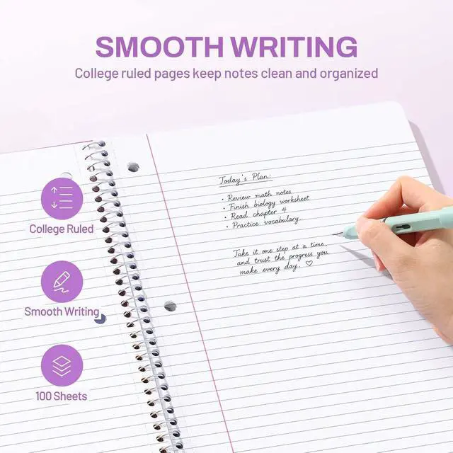 Alt view image 4 of 7 - SUNEE Spiral Notebook, 1-Subject, College Ruled Paper, 8" x 10-1/2", 100 Sheets per Notebook, 3-Hole Punched Paper, Water Resistant Cover, Double-sided Pockets, Spiral Lined Notebooks for Work, Purple
