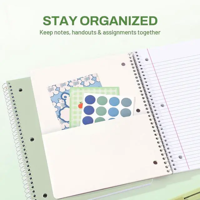 Alt view image 2 of 7 - SUNEE Spiral Notebook, 1-Subject, College Ruled Paper, 8" x 10-1/2", 100 Sheets per Notebook, 3-Hole Punched Paper, Water Resistant Cover, Double-sided Pockets, Spiral Lined Notebooks for Work, Green