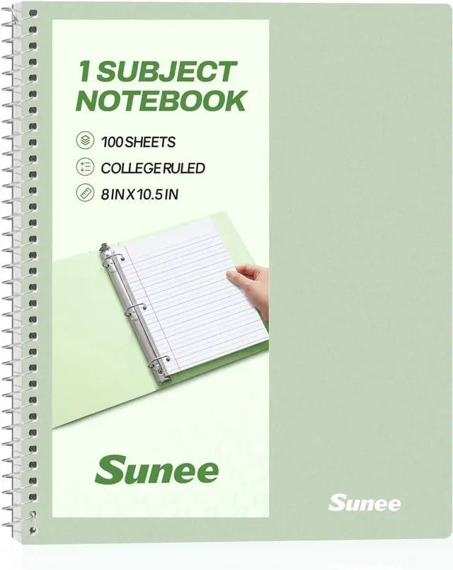Main image of SUNEE Spiral Notebook, 1-Subject, College Ruled Paper, 8" x 10-1/2", 100 Sheets per Notebook, 3-Hole Punched Paper, Water Resistant Cover, Double-sided Pockets, Spiral Lined Notebooks for Work, Green