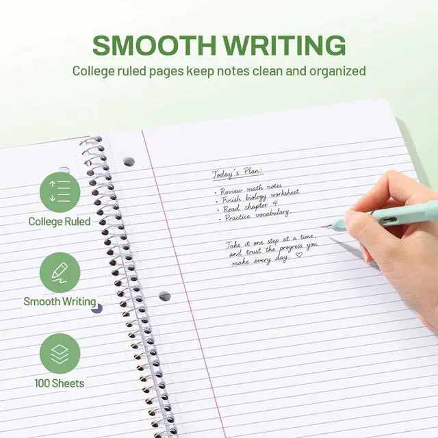 Alt view image 4 of 7 - SUNEE Spiral Notebook, 1-Subject, College Ruled Paper, 8" x 10-1/2", 100 Sheets per Notebook, 3-Hole Punched Paper, Water Resistant Cover, Double-sided Pockets, Spiral Lined Notebooks for Work, Green