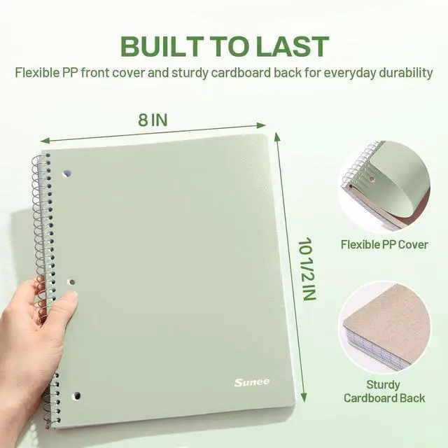 Alt view image 3 of 7 - SUNEE Spiral Notebook, 1-Subject, College Ruled Paper, 8" x 10-1/2", 100 Sheets per Notebook, 3-Hole Punched Paper, Water Resistant Cover, Double-sided Pockets, Spiral Lined Notebooks for Work, Green