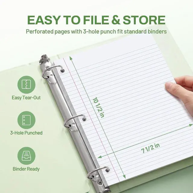 Alt view image 5 of 7 - SUNEE Spiral Notebook, 1-Subject, College Ruled Paper, 8" x 10-1/2", 100 Sheets per Notebook, 3-Hole Punched Paper, Water Resistant Cover, Double-sided Pockets, Spiral Lined Notebooks for Work, Green