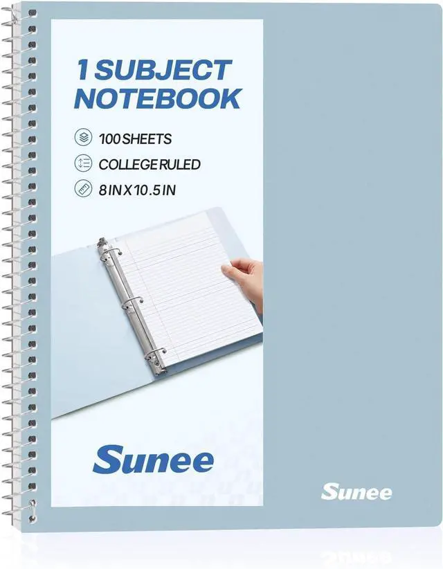 Main image of SUNEE Spiral Notebook, 1-Subject, College Ruled Paper, 8" x 10-1/2", 100 Sheets per Notebook, 3-Hole Punched Paper, Water Resistant Cover, Double-sided Pockets, Grey Blue