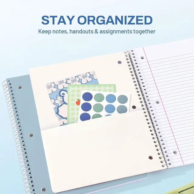 Alt view image 2 of 7 - SUNEE Spiral Notebook, 1-Subject, College Ruled Paper, 8" x 10-1/2", 100 Sheets per Notebook, 3-Hole Punched Paper, Water Resistant Cover, Double-sided Pockets, Grey Blue
