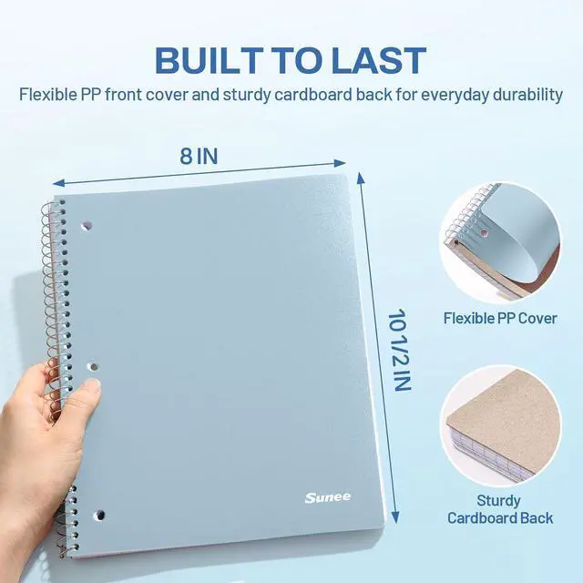 Alt view image 3 of 7 - SUNEE Spiral Notebook, 1-Subject, College Ruled Paper, 8" x 10-1/2", 100 Sheets per Notebook, 3-Hole Punched Paper, Water Resistant Cover, Double-sided Pockets, Grey Blue