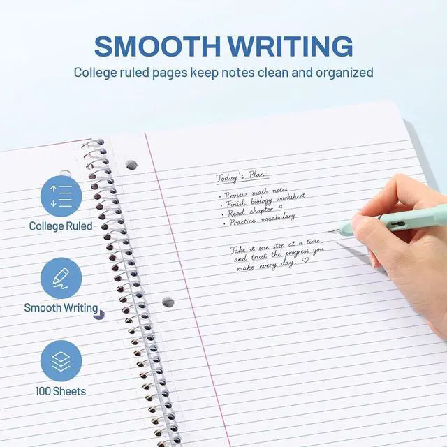 Alt view image 4 of 7 - SUNEE Spiral Notebook, 1-Subject, College Ruled Paper, 8" x 10-1/2", 100 Sheets per Notebook, 3-Hole Punched Paper, Water Resistant Cover, Double-sided Pockets, Grey Blue