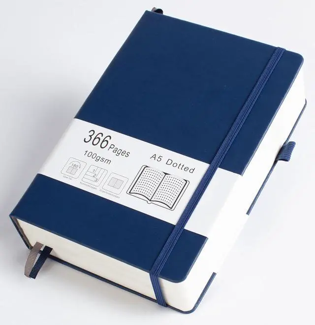 Main image of Thick Bullet Notebook with 366 Numbered Pages, A5 Dotted Journal for Writing with 100GSM Dot Grid Paper, Hardcover Leather Notebooks for Women Men School Note Taking Office Work Diary, 5.7"x8.3" Navy