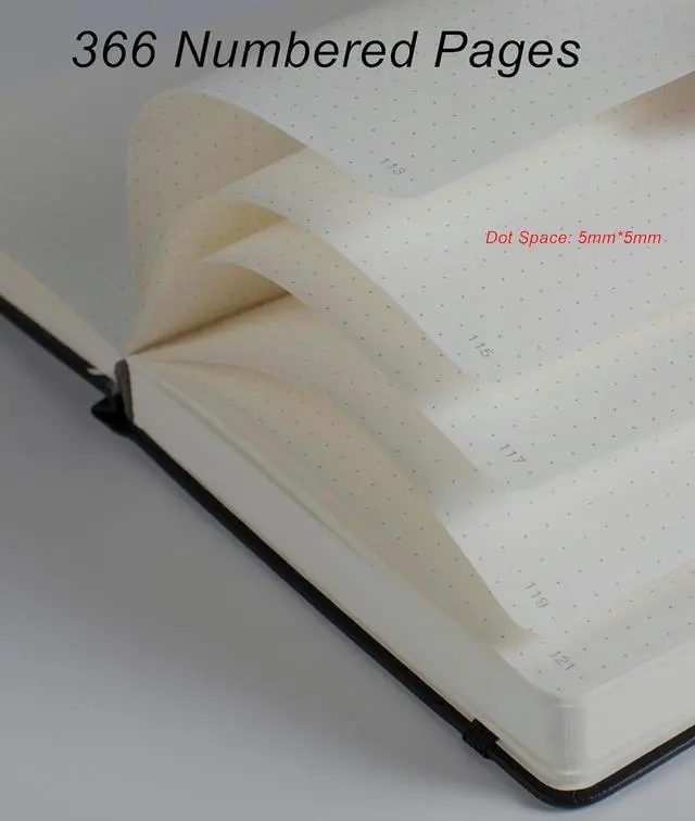 Alt view image 2 of 7 - Thick Bullet Notebook with 366 Numbered Pages, A5 Dotted Journal for Writing with 100GSM Dot Grid Paper, Hardcover Leather Notebooks for Women Men School Note Taking Office Work Diary, 5.7"x8.3" Navy