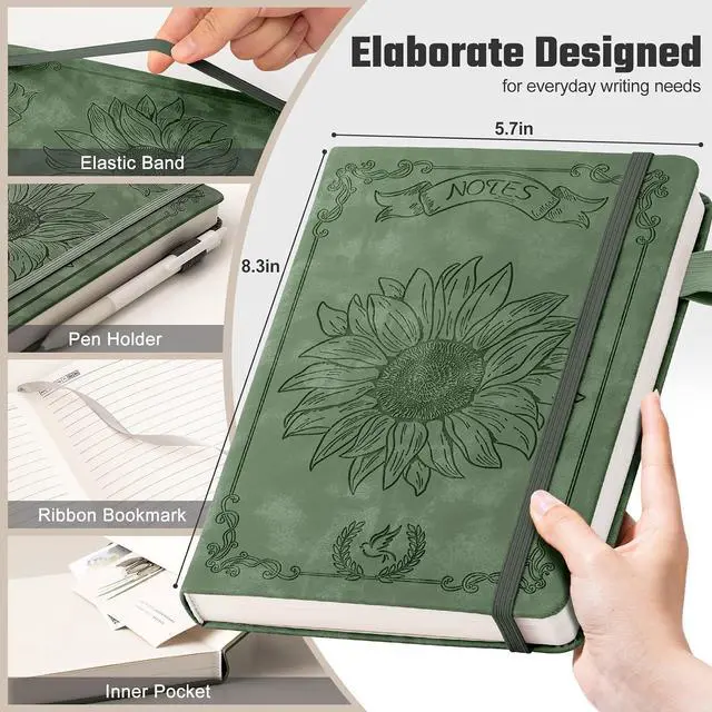 Alt view image 3 of 6 - Ovesmusl Sunflower Journal Notebook, A5 Green Leather Diary