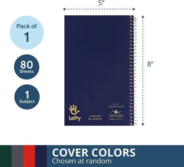Alt view image 3 of 6 - Roaring Spring Lefty Spiral Journal, College Ruled Small Left Handed Notebook, 8" x 5", 80 Sheets, Assorted Color Covers