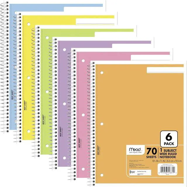 Main image of Mead Spiral Notebook, 6 Pack, 1 Subject, Wide Ruled Paper, 7-1/2" x 10-1/2", 70 Sheets per Notebook, Assorted Pastel Colors (930050-ECM)