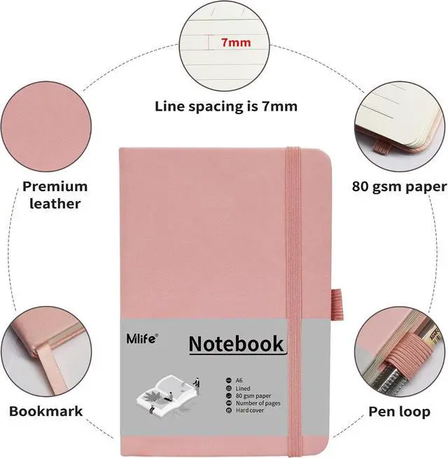 Alt view image 4 of 7 - Mlife A6 Small Journal Notebook, Lined Pocket Notebook with Pen Holder, Mini Notebook Hardcover, 192 Pages, 3.9 inches * 5.5 inches Journal for Women and Man1PACK Pink