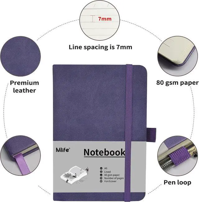 Alt view image 4 of 7 - Mlife A6 Small Journal Notebook, Lined Pocket Notebook with Pen Holder, Mini Notebook Hardcover, 192 Pages, 3.9 inches * 5.5 inches Journal for Women and Man (Purple)