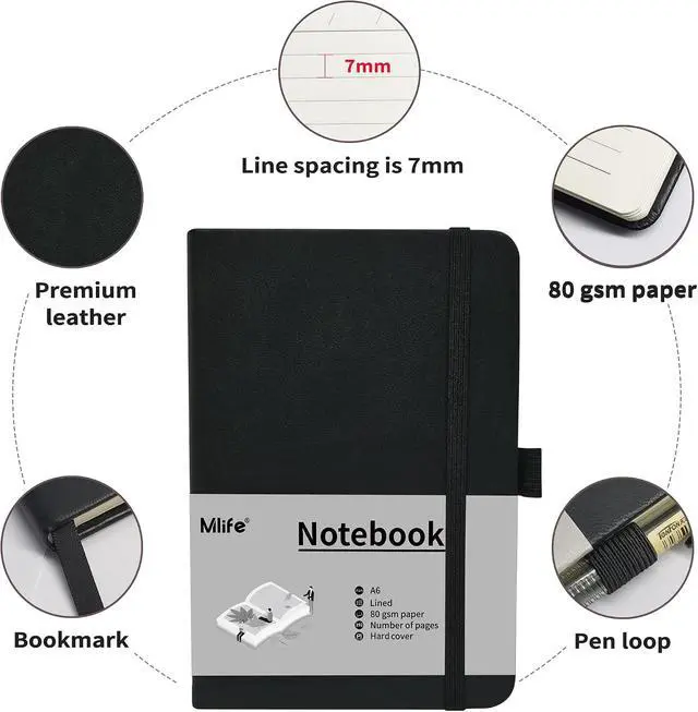 Alt view image 4 of 7 - Mlife A6 Small Journal Notebook, Lined Pocket Notebook with Pen Holder, Mini Notebook Hardcover, 192 Pages, 3.9 inches * 5.5 inches Journal for Women and Man1PACK Black
