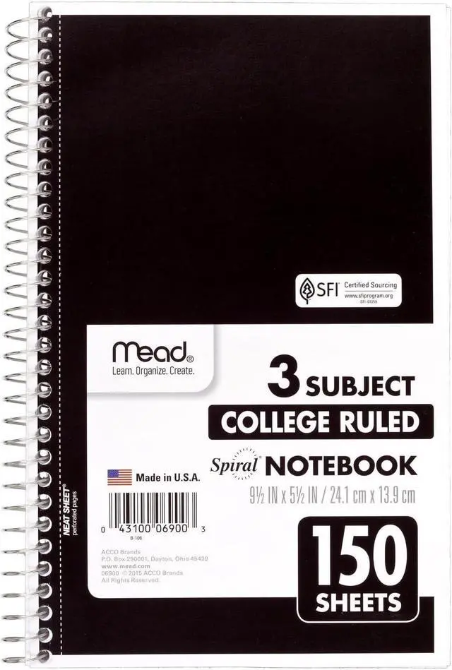 Main image of Mead Small Spiral Notebook, 3-Subject, College Ruled Paper, 9-1/2" x 5-1/2", 150 Sheets per Notebook, Color Will Vary, 1 Count (06900)