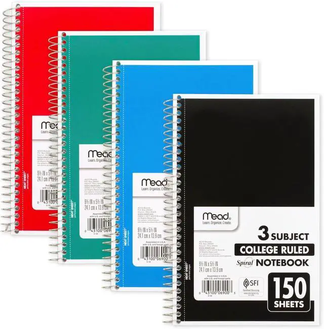 Alt view image 2 of 7 - Mead Small Spiral Notebook, 3-Subject, College Ruled Paper, 9-1/2" x 5-1/2", 150 Sheets per Notebook, Color Will Vary, 1 Count (06900)