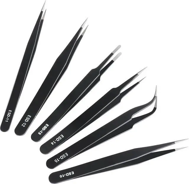 Main image of 6 Pcs Precision Tweezers Set, Anti-Static Stainless Steel Craft