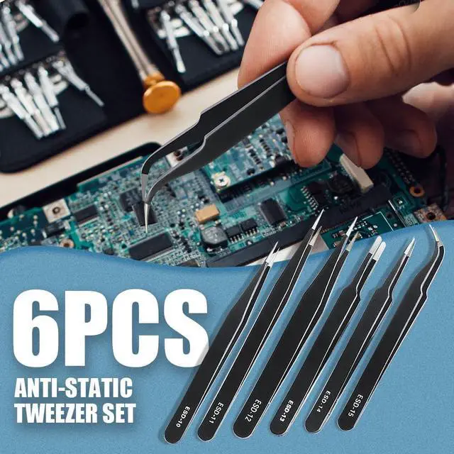 Alt view image 6 of 7 - 6 Pcs Precision Tweezers Set, Anti-Static Stainless Steel Craft