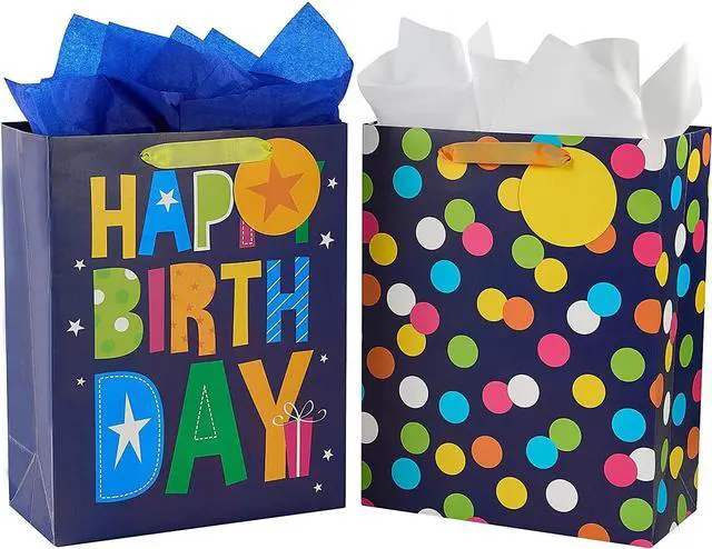Main image of SUNCOLOR 2 Pack 13 Inch Large Gift Bags with Tissue Paper for Him Happy Birthday, Eco-Friendly Paper Bags with Ribbon Handles and Tags