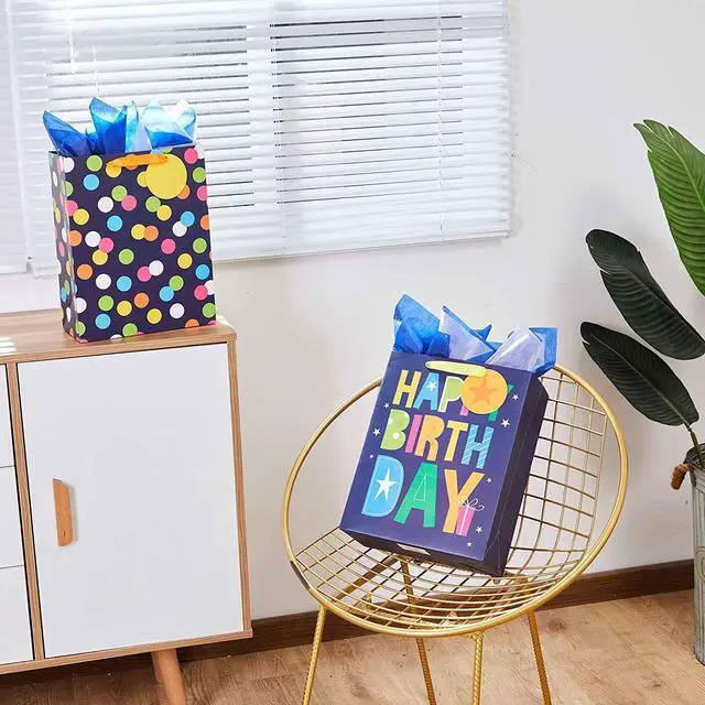 Alt view image 2 of 6 - SUNCOLOR 2 Pack 13 Inch Large Gift Bags with Tissue Paper for Him Happy Birthday, Eco-Friendly Paper Bags with Ribbon Handles and Tags
