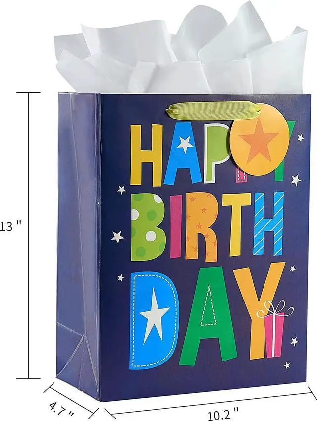 Alt view image 4 of 6 - SUNCOLOR 2 Pack 13 Inch Large Gift Bags with Tissue Paper for Him Happy Birthday, Eco-Friendly Paper Bags with Ribbon Handles and Tags