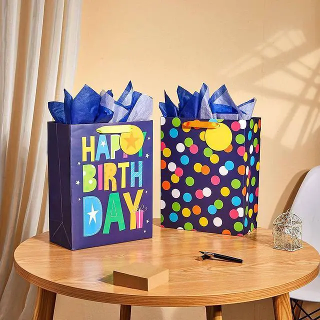 Alt view image 5 of 6 - SUNCOLOR 2 Pack 13 Inch Large Gift Bags with Tissue Paper for Him Happy Birthday, Eco-Friendly Paper Bags with Ribbon Handles and Tags