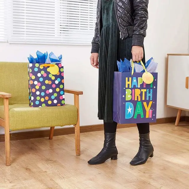 Alt view image 6 of 6 - SUNCOLOR 2 Pack 13 Inch Large Gift Bags with Tissue Paper for Him Happy Birthday, Eco-Friendly Paper Bags with Ribbon Handles and Tags