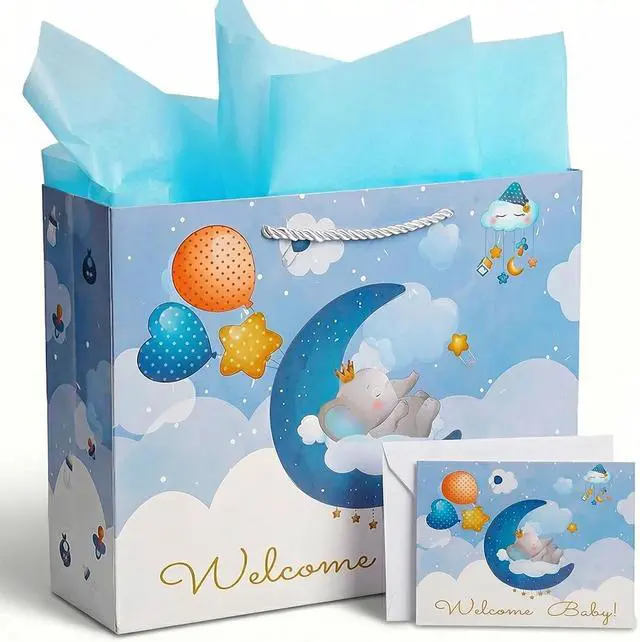 Main image of Baby Boy Gift Bag with Tissue Paper & Card, 13" Large Blue Elephant Gift Bag for Baby Shower, Newborn Welcome & Baptism