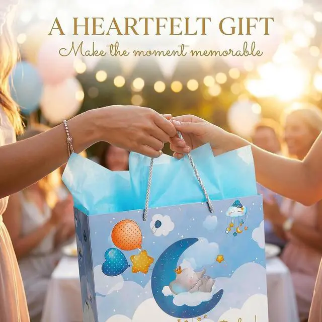 Alt view image 2 of 7 - Baby Boy Gift Bag with Tissue Paper & Card, 13" Large Blue Elephant Gift Bag for Baby Shower, Newborn Welcome & Baptism