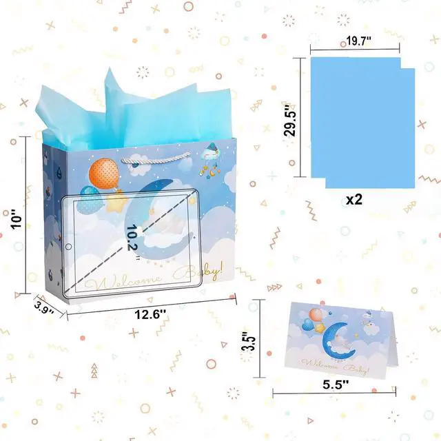 Alt view image 3 of 7 - Baby Boy Gift Bag with Tissue Paper & Card, 13" Large Blue Elephant Gift Bag for Baby Shower, Newborn Welcome & Baptism
