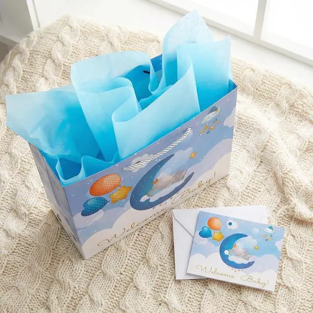 Alt view image 4 of 7 - Baby Boy Gift Bag with Tissue Paper & Card, 13" Large Blue Elephant Gift Bag for Baby Shower, Newborn Welcome & Baptism