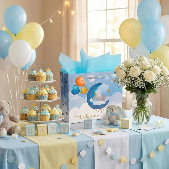 Alt view image 5 of 7 - Baby Boy Gift Bag with Tissue Paper & Card, 13" Large Blue Elephant Gift Bag for Baby Shower, Newborn Welcome & Baptism