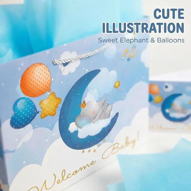 Alt view image 6 of 7 - Baby Boy Gift Bag with Tissue Paper & Card, 13" Large Blue Elephant Gift Bag for Baby Shower, Newborn Welcome & Baptism