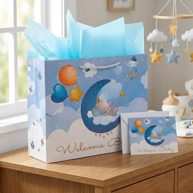 Alt view image 7 of 7 - Baby Boy Gift Bag with Tissue Paper & Card, 13" Large Blue Elephant Gift Bag for Baby Shower, Newborn Welcome & Baptism