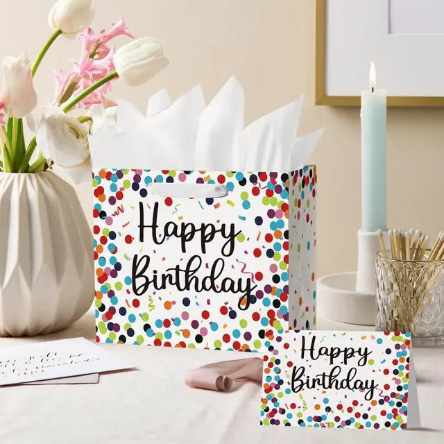 Alt view image 3 of 6 - Horaldaily 13" Large Birthday Gift Paper Bags with Tissue Paper and Card, Happy Birthday Dots Streamers Gift Paper Bag for Men Women Kids Birthday,1Pcs