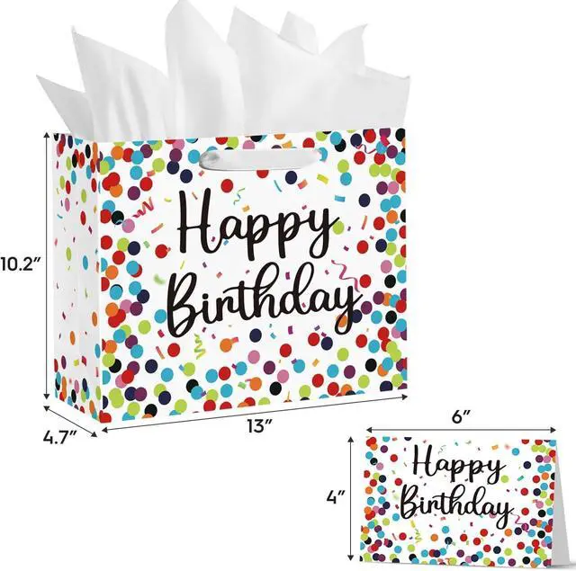 Alt view image 5 of 6 - Horaldaily 13" Large Birthday Gift Paper Bags with Tissue Paper and Card, Happy Birthday Dots Streamers Gift Paper Bag for Men Women Kids Birthday,1Pcs