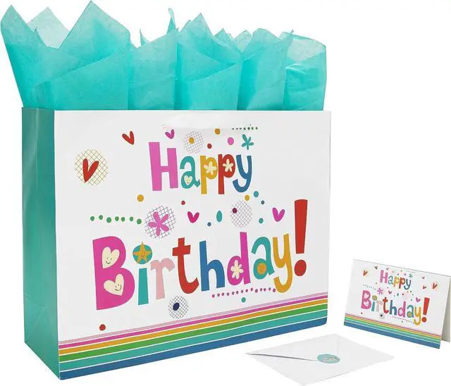 Main image of Qirrmiy 16.5 Extra Large Gift Bag Set with Greeting Card and Green Tissue Paper(Cute Happy Birthday) for Baby,Kids Birthday Party,Men and Women, Newborn,New Moms or Parents, and More