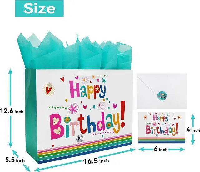 Alt view image 2 of 6 - Qirrmiy 16.5 Extra Large Gift Bag Set with Greeting Card and Green Tissue Paper(Cute Happy Birthday) for Baby,Kids Birthday Party,Men and Women, Newborn,New Moms or Parents, and More