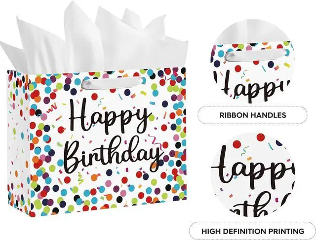Alt view image 6 of 6 - Horaldaily 13" Large Birthday Gift Paper Bags with Tissue Paper and Card, Happy Birthday Dots Streamers Gift Paper Bag for Men Women Kids Birthday,1Pcs