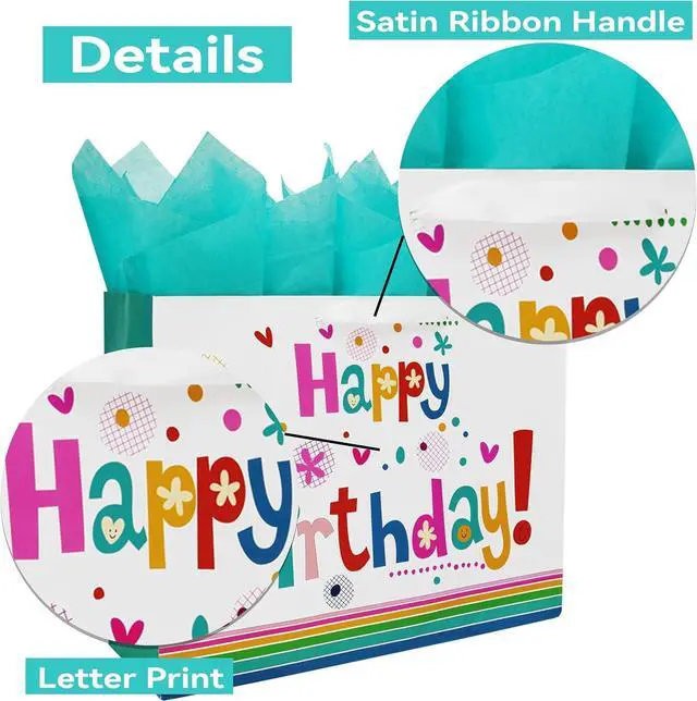Alt view image 4 of 6 - Qirrmiy 16.5 Extra Large Gift Bag Set with Greeting Card and Green Tissue Paper(Cute Happy Birthday) for Baby,Kids Birthday Party,Men and Women, Newborn,New Moms or Parents, and More