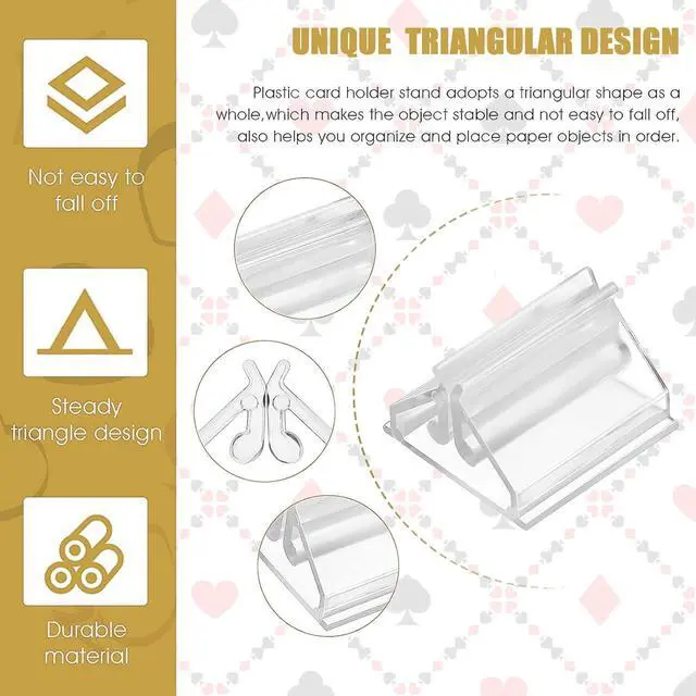Alt view image 2 of 7 - Table Number Place Card Playing Card Holders 60 Pack, Small Clear Acrylic Business Card Holder Stand for Display Paper Game Piece Picture Clip Price Board Photo Memo Menus Label Stand Party, 0.75in