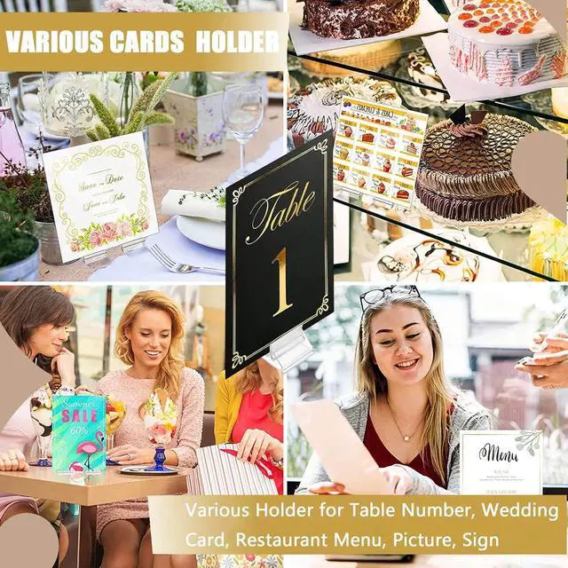 Alt view image 6 of 7 - Table Number Place Card Playing Card Holders 60 Pack, Small Clear Acrylic Business Card Holder Stand for Display Paper Game Piece Picture Clip Price Board Photo Memo Menus Label Stand Party, 0.75in