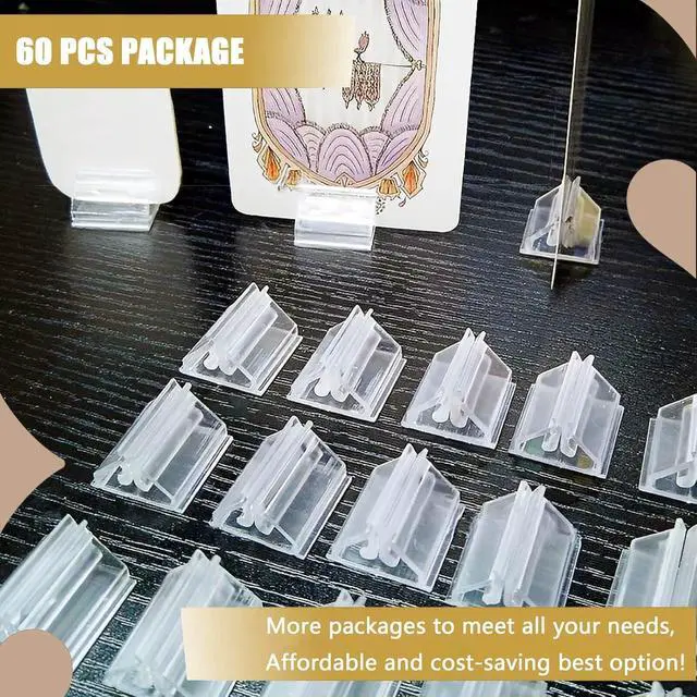 Alt view image 7 of 7 - Table Number Place Card Playing Card Holders 60 Pack, Small Clear Acrylic Business Card Holder Stand for Display Paper Game Piece Picture Clip Price Board Photo Memo Menus Label Stand Party, 0.75in