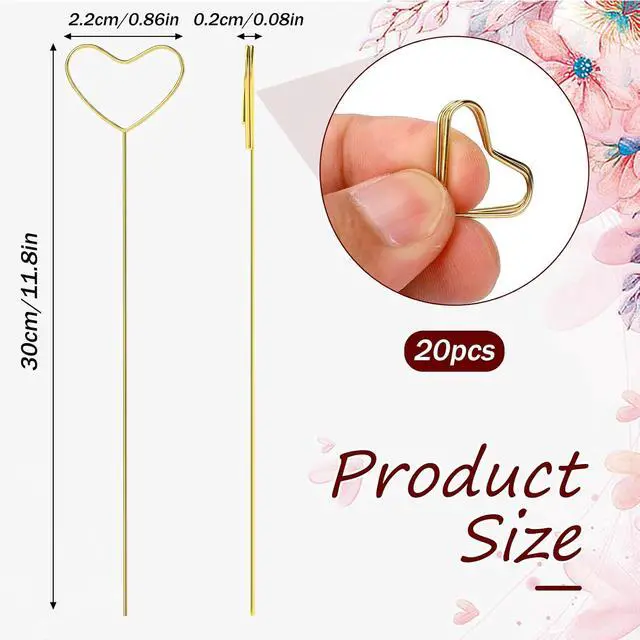 Alt view image 3 of 7 - KALIONE 20Pcs Metal Floral Place Card Holder, Heart Shape Flower Pick Clips Table Number Holders, Gold Metal Card Picture Pick, Floral Gift Card Clips for Wedding Party Favor