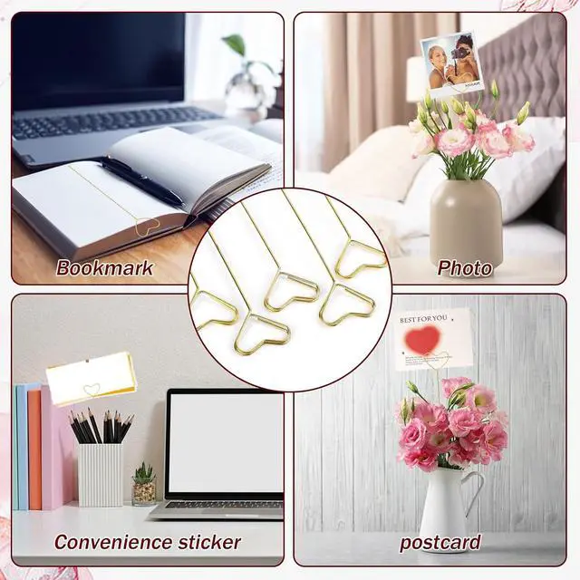 Alt view image 5 of 7 - KALIONE 20Pcs Metal Floral Place Card Holder, Heart Shape Flower Pick Clips Table Number Holders, Gold Metal Card Picture Pick, Floral Gift Card Clips for Wedding Party Favor