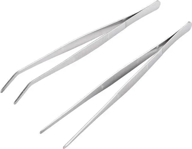 Main image of Miupoo Long Handle Stainless Steel Paint Straight and Curved Tweezers Nippers,Extra Long Precision Craft Tweezers Set with Serrated Tips,Silver,2 pieces,9.8Inches