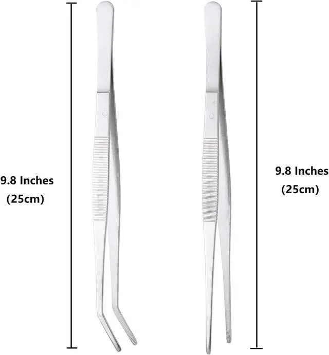 Alt view image 2 of 5 - Miupoo Long Handle Stainless Steel Paint Straight and Curved Tweezers Nippers,Extra Long Precision Craft Tweezers Set with Serrated Tips,Silver,2 pieces,9.8Inches