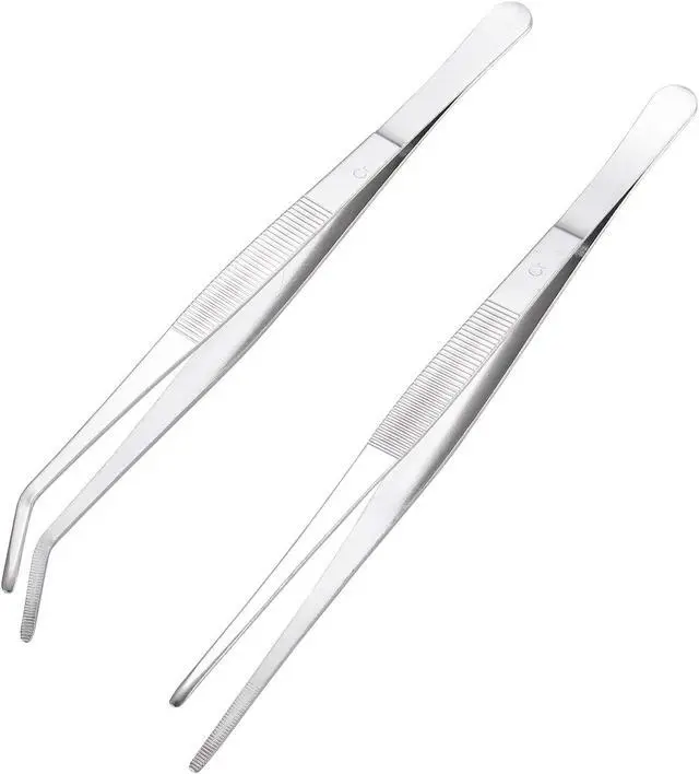 Alt view image 3 of 5 - Miupoo Long Handle Stainless Steel Paint Straight and Curved Tweezers Nippers,Extra Long Precision Craft Tweezers Set with Serrated Tips,Silver,2 pieces,9.8Inches
