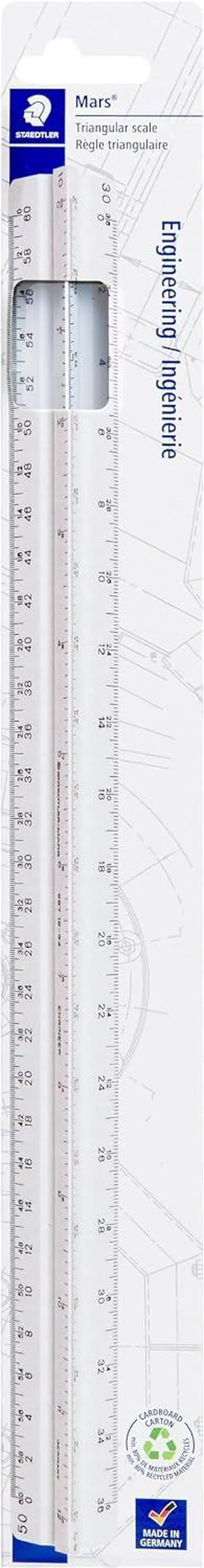 Main image of STAEDTLER 12in Engineer Scale Ruler - Triangular Engineering Ruler with 6 Scales(10-60 Parts/Inch), Color-Coded Grooves, Plastic