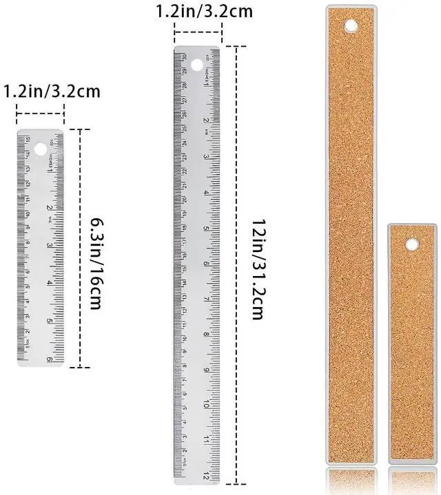 Alt view image 4 of 7 - Metal Ruler 6 Inch 12 Inch Stainless Steel Metal Ruler with Cork Backing, Non-Slip Rulers with Inch and Centimeters, Straight Edge Cork Base Rulers for Student School Office Drafting Tools
